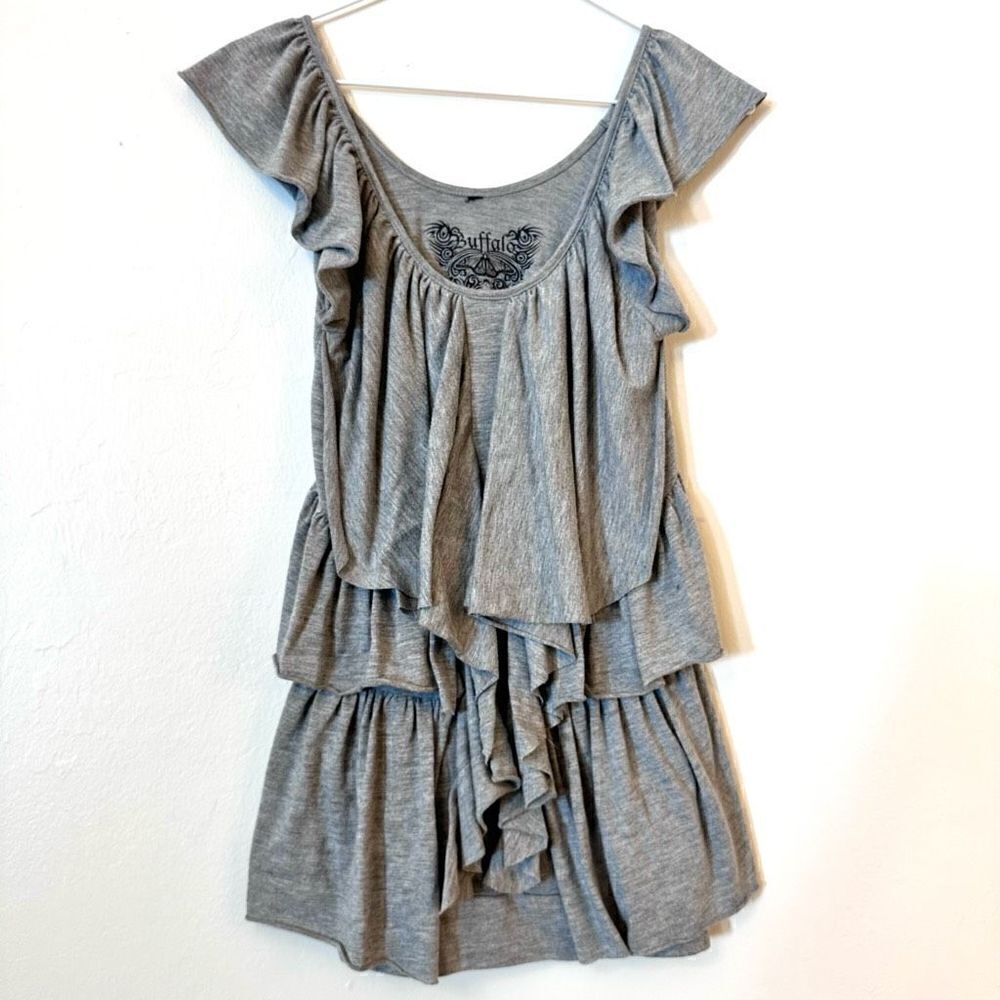 Buffalo Flutter Sleeve Tiered Ruffle Sleeveless Blouse Top Heather Gray Small